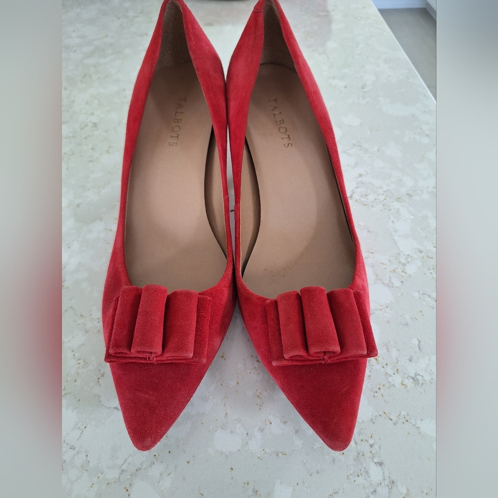 Talbots Women's Vibrant Red Suede Pumps With Bow Detailing Size 10.5